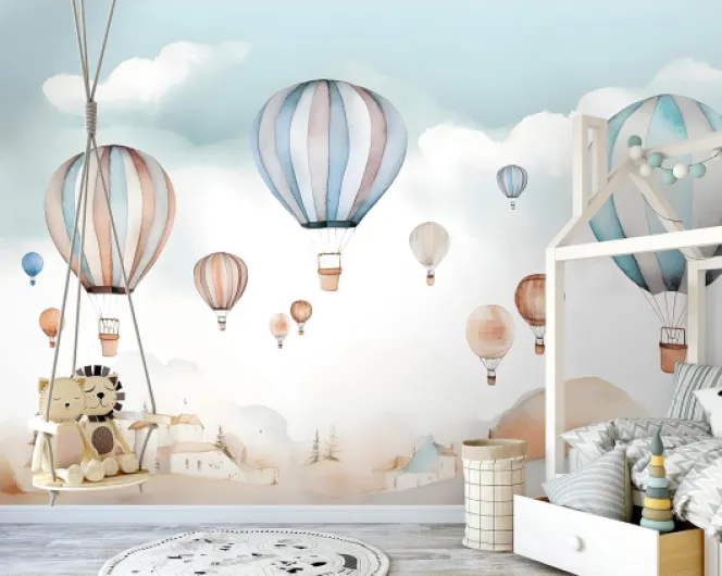 WallArena - Papier peint photo non tissé pour chambre d'enfant - 416 x 254 cm - Ballons gonflables - Nuages et ciel pastel - Papier peint photo - Pour salon et chambre à coucher - Papier peint non Nature, 416x254 cm