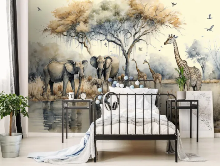 Papier Peint Intissé Chambre Enfant Jungle Animaux Forêt Nature - Colle Incluse - Papier Peint Panoramique Pour Chambre de Bébé Prêt à Poser - Photo Non Tissé Muraux Trompe l'oeil (368x254 cm)