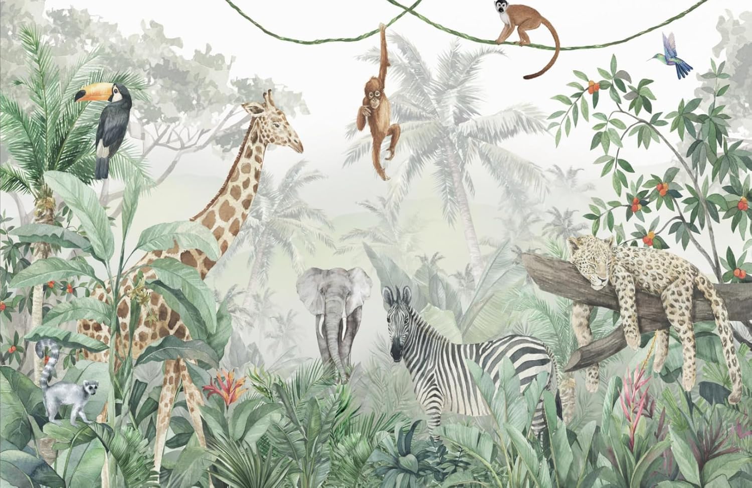Papier Peint Panoramique Jungle Papier peint Animaux Tropical Papier peint Intissé Motif Girafe, éléphant, Singe, Léopard papier peint chambre enfant Décoration Murale 400 x 280 cm