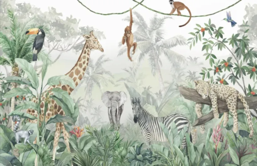 Papier Peint Panoramique Jungle Papier peint Animaux Tropical Papier peint Intissé Motif Girafe, éléphant, Singe, Léopard papier peint chambre enfant Décoration Murale 400 x 280 cm