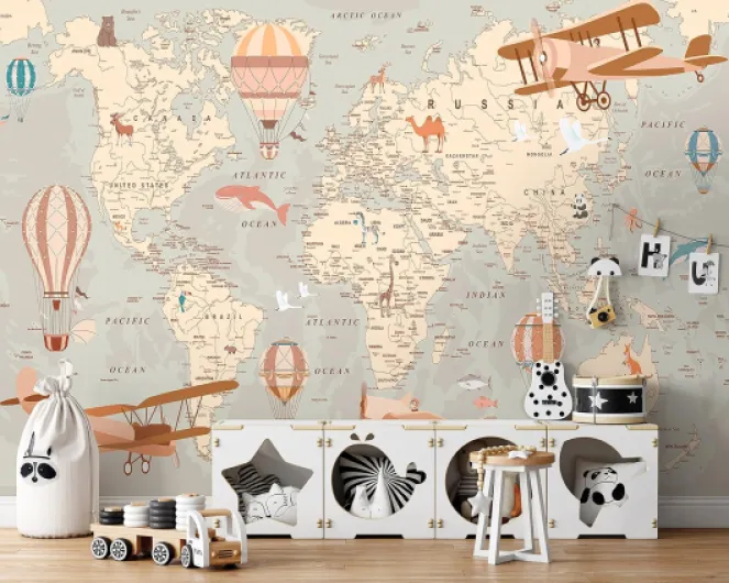 WallArena Papier Peint Intissé Chambre Enfant Carte du monde Animaux - Colle Incluse - Papier Peint Panoramique Pour Chambre de Bébé Prêt à Poser - Photo Non Tissé Muraux Trompe l'oeil (368x254 cm) 14038 368 x 254 cm