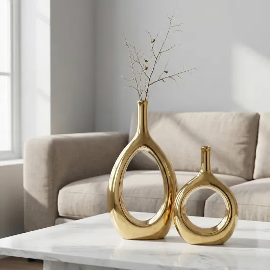 Set De 2 Vases Creux en Céramique Or - Vase Pampa Décoratif Design pour Mariage, Salon, Bureau, Centre De Table, Cadeau Crémaillère Et Décoration Moderne Or Brillant