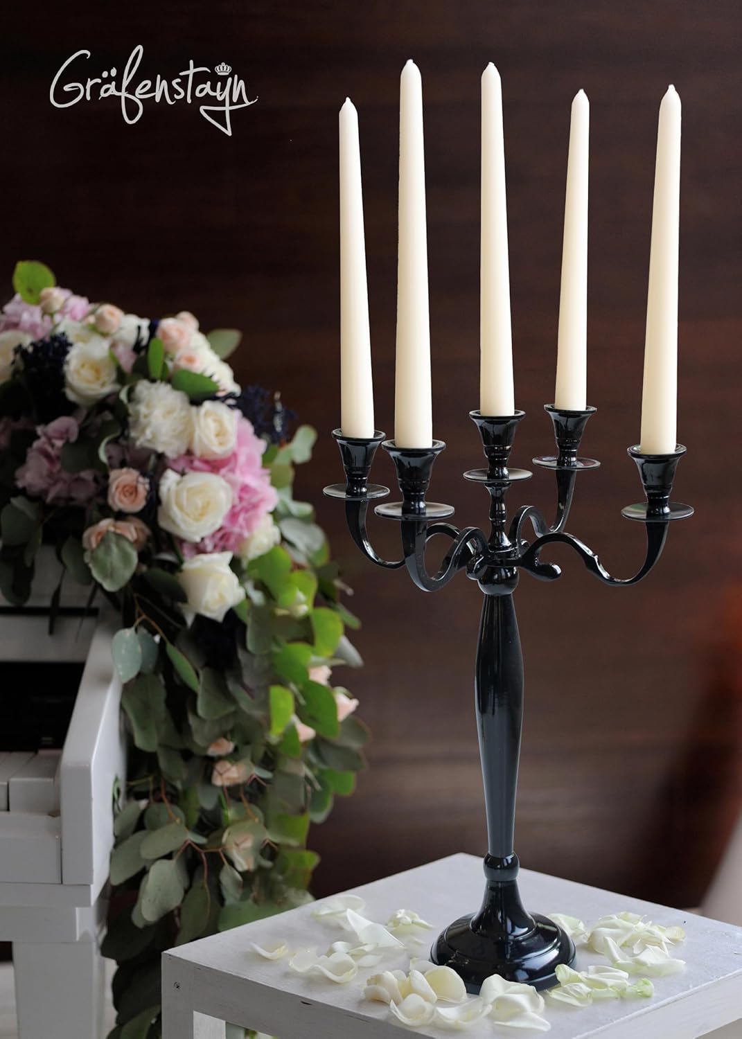 Gräfenstrayn Chandelier Candélabre Décoratif – 1, 3 ou 5 Bras – Argent, Noir, Blanc ou Or – Plusieurs Tailles – Bougeoir Élégant pour Bougies Pilier – Décoration Intérieure Table et Cheminée Noir 78cm