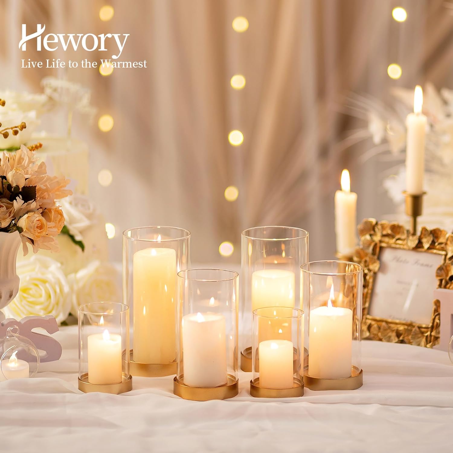 Hurricane Candle Holder Gold : Lot de 12 photophores en Verre pour Bougies piliers, Lanterne décorative avec Plateau en métal pour Le Salon, la Salle à Manger, la Table Centrale