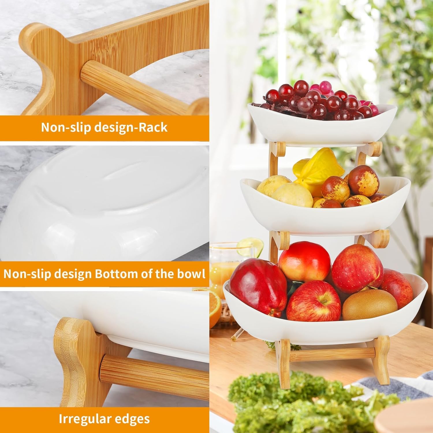 Présentoir à fruits à 3 étages, Corbeille a Fruits Céramique avec support en bois résistant, Plateaux de Service pour Gâteaux Fruits Dessert, Décoration Coupe de Fruit