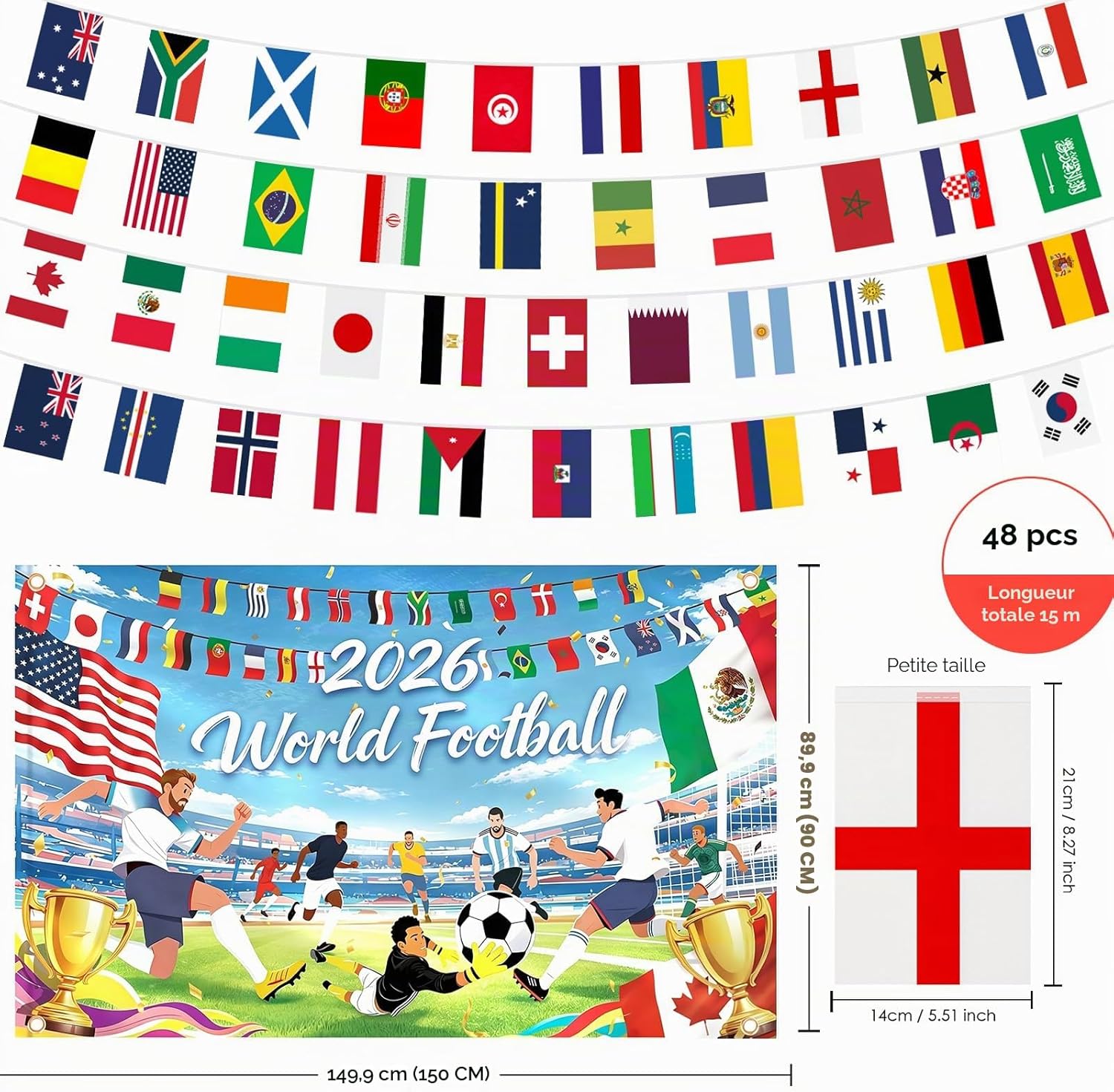 Kit Décoration Coupe du Monde de Football 2026 – 48 Pays Guirlande de Fanions, Bannière de Fond Mondial, 24 Tourbillons Suspendus Football et 14 Décorations pour Gâteau, pour Fêtes de Mondial
