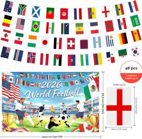 Kit Décoration Coupe du Monde de Football 2026 – 48 Pays Guirlande de Fanions, Bannière de Fond Mondial, 24 Tourbillons Suspendus Football et 14 Décorations pour Gâteau, pour Fêtes de Mondial
