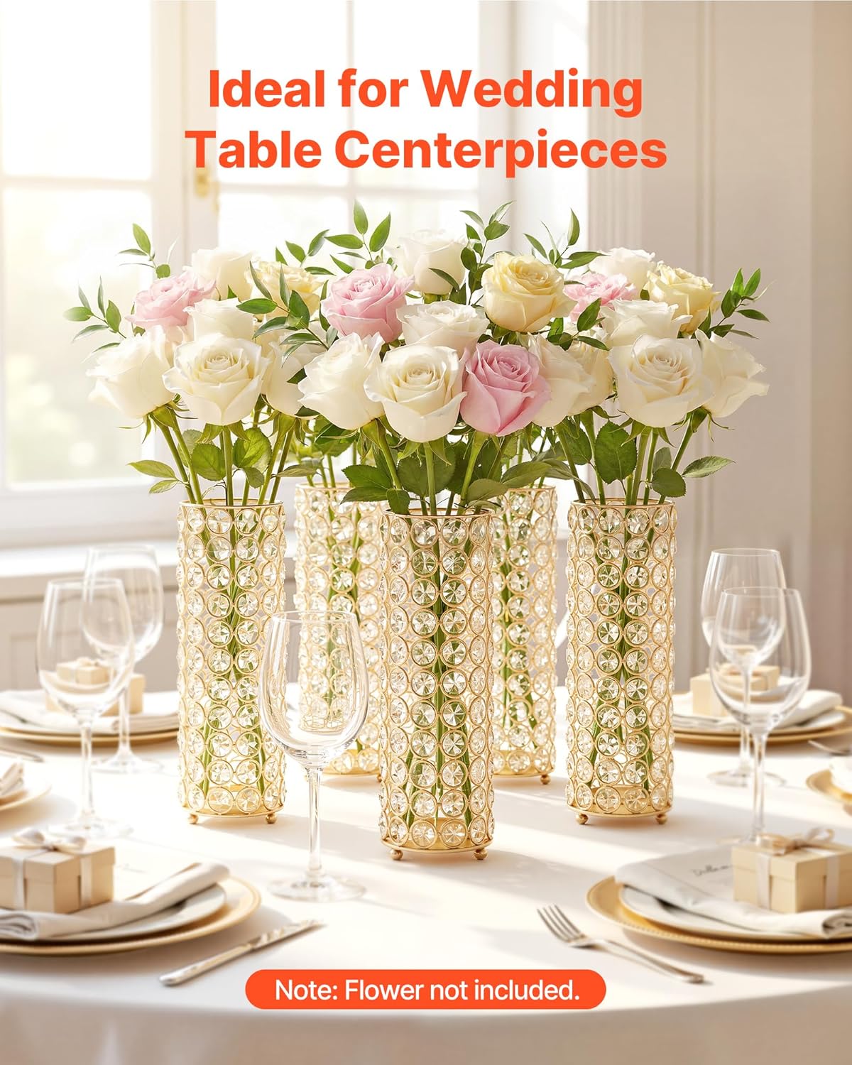 Vase de Mariage Métal Lot de 16 Vase de Centre de Table Hauteur 26 cm Support Cylindrique pour Compositions Florales, Banquets de Fêtes Mariage, Décoration Intérieure, avec Perles Cristal, Doré