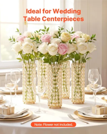 Vase de Mariage Métal Lot de 16 Vase de Centre de Table Hauteur 26 cm Support Cylindrique pour Compositions Florales, Banquets de Fêtes Mariage, Décoration Intérieure, avec Perles Cristal, Doré