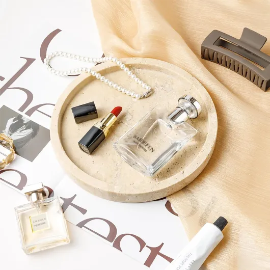 Plateau de maquillage en marbre naturel pour salle de bain, en pierre de travertin pour bijoux, parfum, cosmétiques, bougies, organisateur pour plan de travail comme décoration d'intérieur Beige