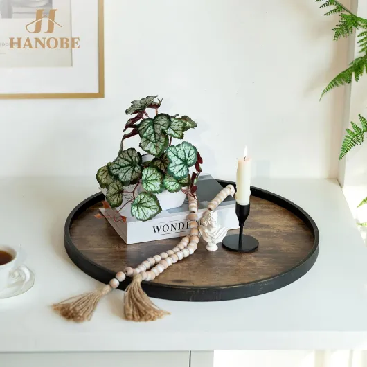 Hanobe Grand Plateau de Service Bois: XXL Decoratif Plateaux Rond pour Ottoman Cuisine - Vintage Marron Plats avec Poignées pour Réception de Fête 45cm 45 cm Vintage Marron