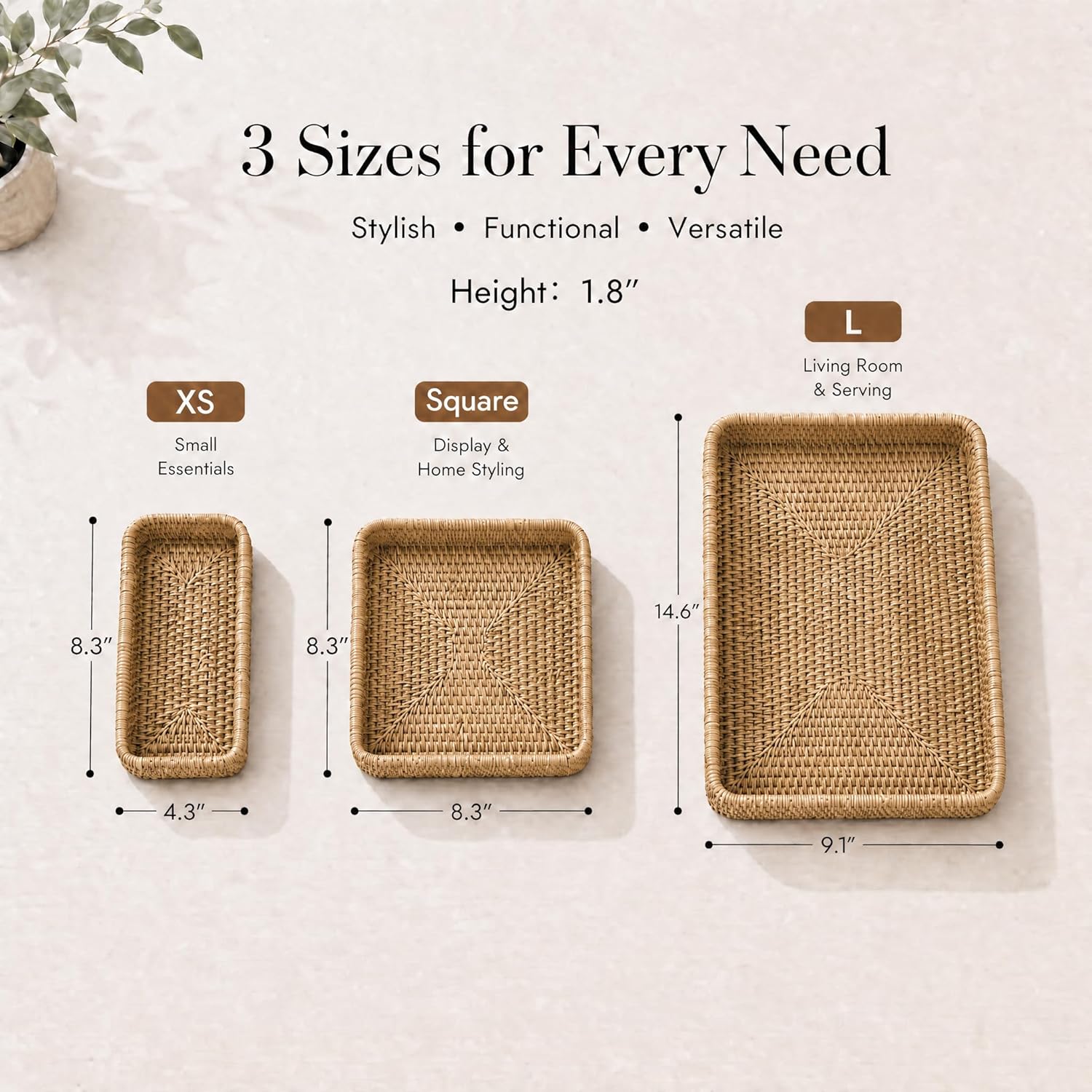 Plateau de Service en Osier, Plateau de Panier Rotin Rectangulaire, Paniers de Service Décoratifs en Tissé Naturel pour Organiser Le Comptoir de Cuisine de Table, Lot de 3 Marron