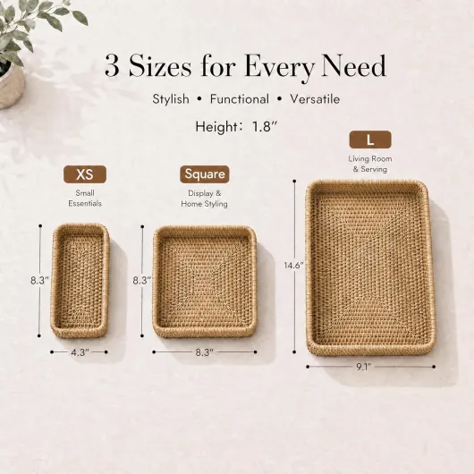 Plateau de Service en Osier, Plateau de Panier Rotin Rectangulaire, Paniers de Service Décoratifs en Tissé Naturel pour Organiser Le Comptoir de Cuisine de Table, Lot de 3 Marron