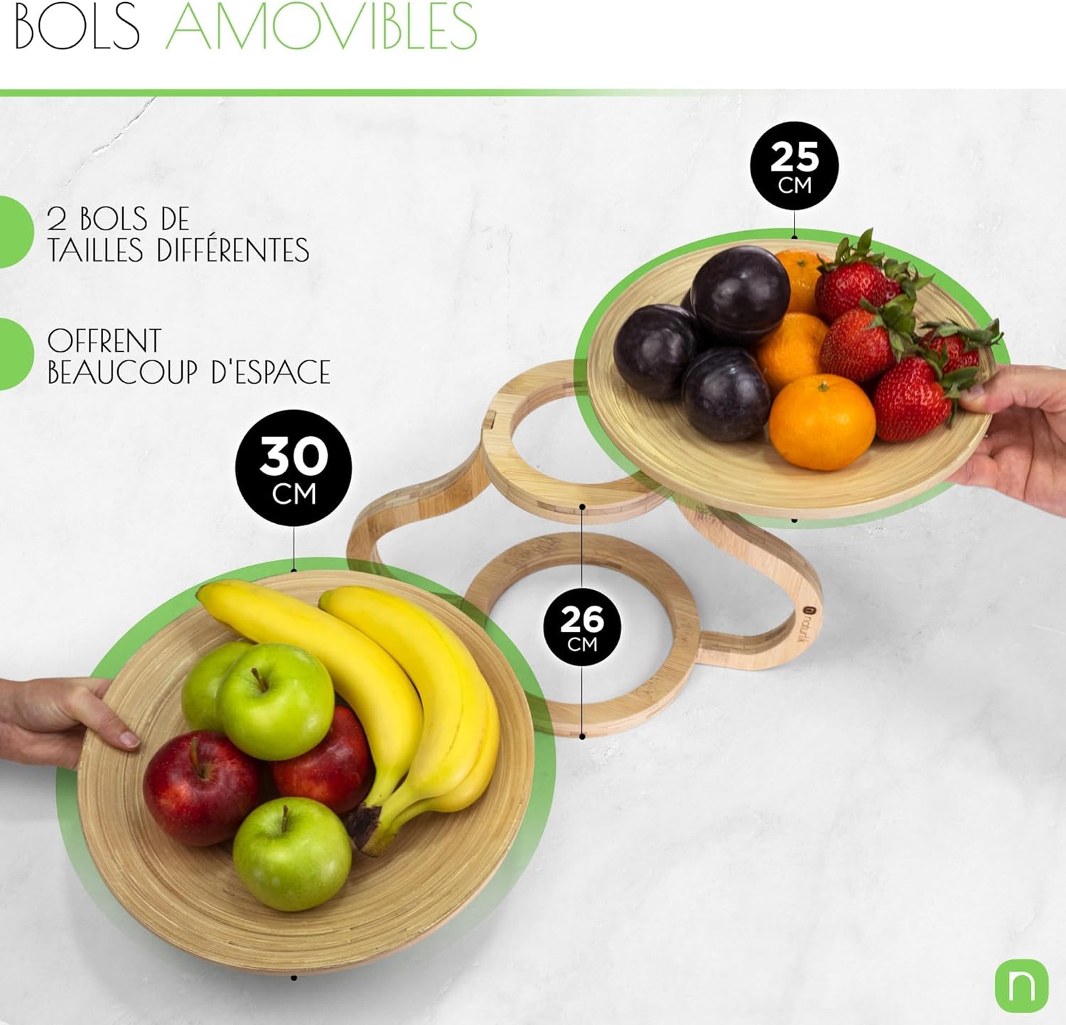 Corbeille à Fruits 2 Étages - Bols Amovibles - Design Moderne - Corbeille en Bambou - Panier Rangement de Fruits