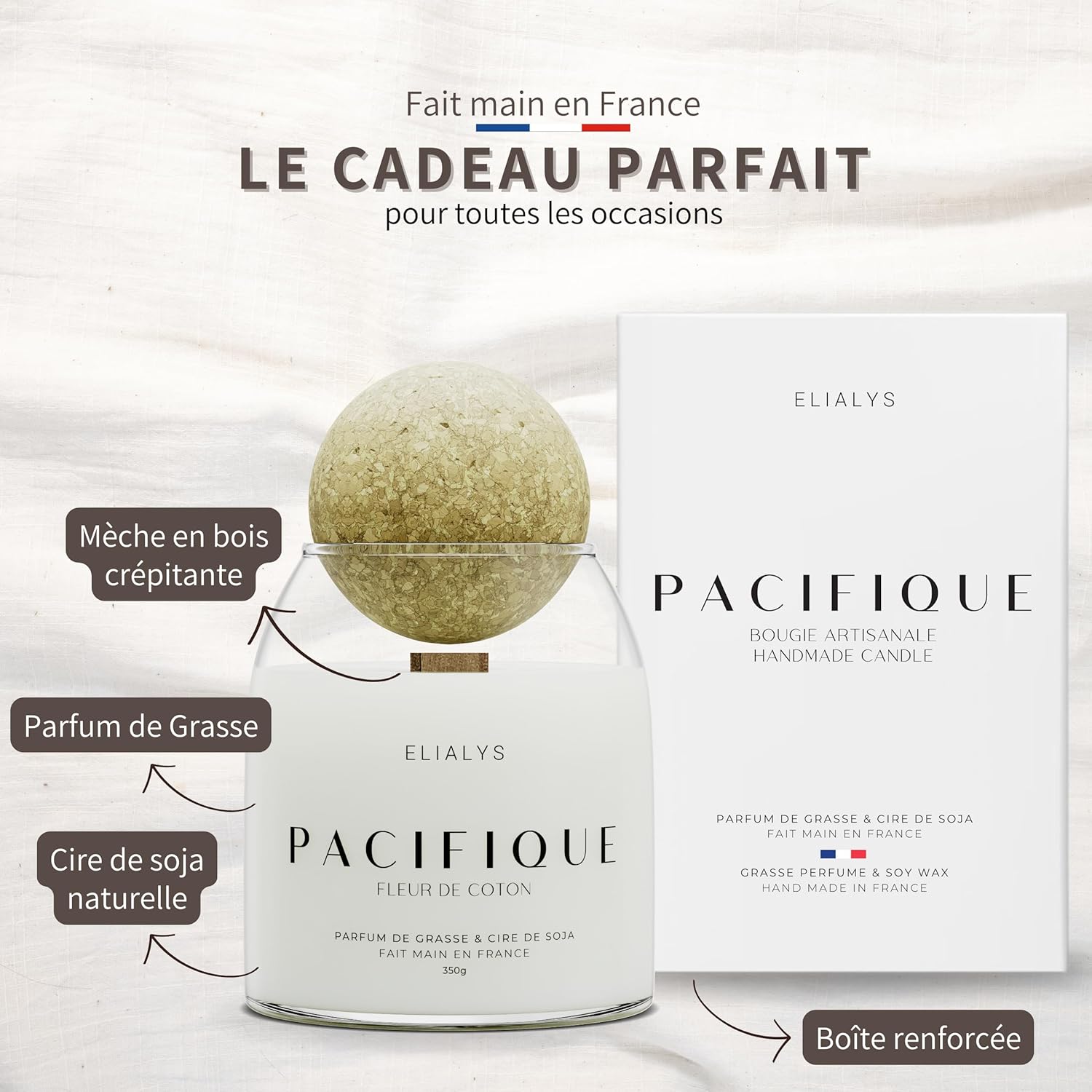 Bougie Parfumée Artisanale au Parfum de Grasse, FLEUR DE COTON, Mèche en Bois Crépitante - PACIFIQUE, 350g, ±70 heures de combustion, Fabriquée en France - Parfum Intense & Longue durée
