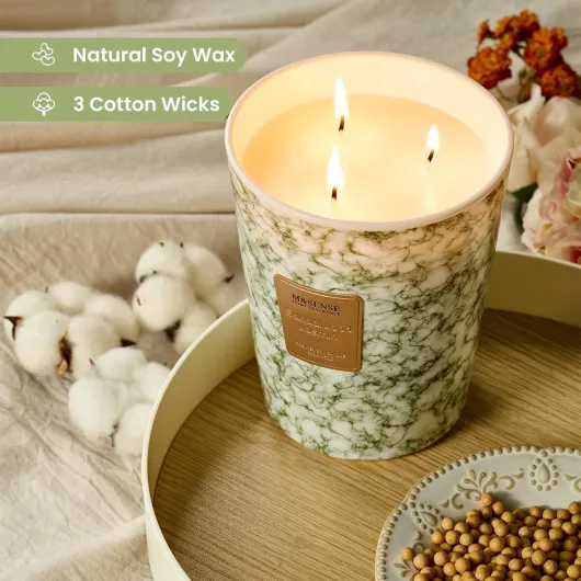 M&SENSE Bougie parfumée 990g-Bois de santal Jasmin-150h de combustion & 3 mèches-Bougie Decorative naturelles en cire de soja-Aromathérapie relaxante-Cadeau pour femme & homme,Modern Marble Jar Vert 990g