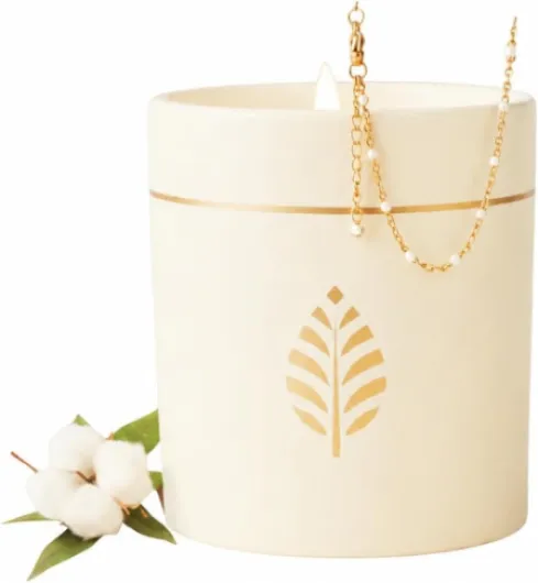 Bougie Bijou Parfum Coton - Céramique Blanc - Bracelet Perles Blanches Plaqué Or 18 Carats - Cire Colza 100% Naturelle - Cadeau Femme - 470g - Cadeau Original
