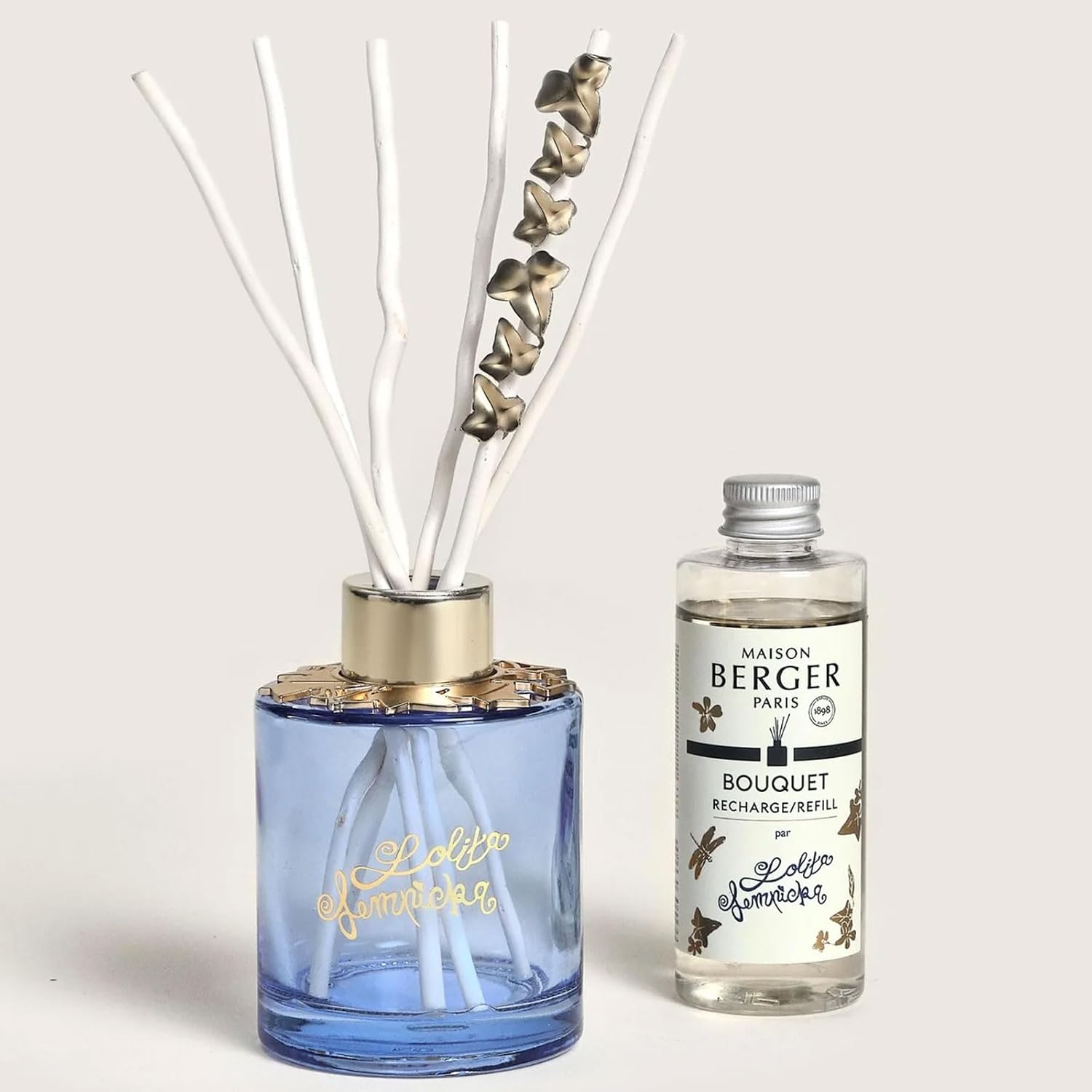 Diffuseur Bouquet Parfumé Lolita Lempicka 100ml – Bâtonnets Saule Végétal – Longue Diffusion Élégante, Idée Cadeau Maison Raffinée - Bijou Plat en Feuilles de Lierre dorées (Violet)