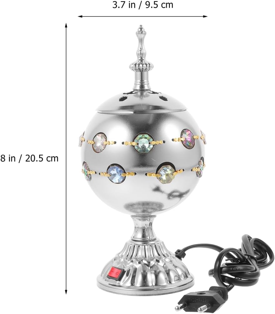 BrûLeur D'Encens ÉLectrique Arabe avec Couvercle Encensoir DéCoratif pour Maison Et Bureau PoêLe À Parfum Moyen-Orient Ornement Zen 8.07In X 3.74In Prise UE Argent