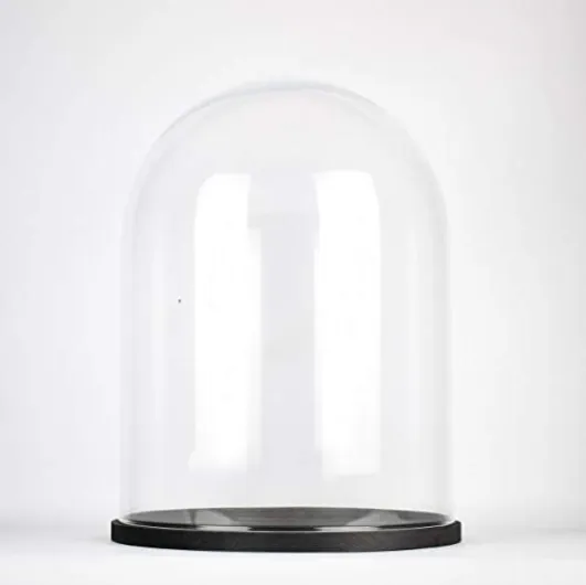 EMH Grande cloche en verre transparent faite à la main avec base en bois noir 30 x 25 cm