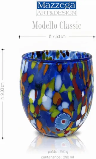 MAZZEGA ART & DESIGN - 6 Verres à Eau Goto, Soufflé et Fait Main avec Murrine de Murano Raffinée et Originale - Les Couleurs de Murano - Modèle Classique 320 ml - Fabriqué en Italie Mélange 6 Couleurs 1