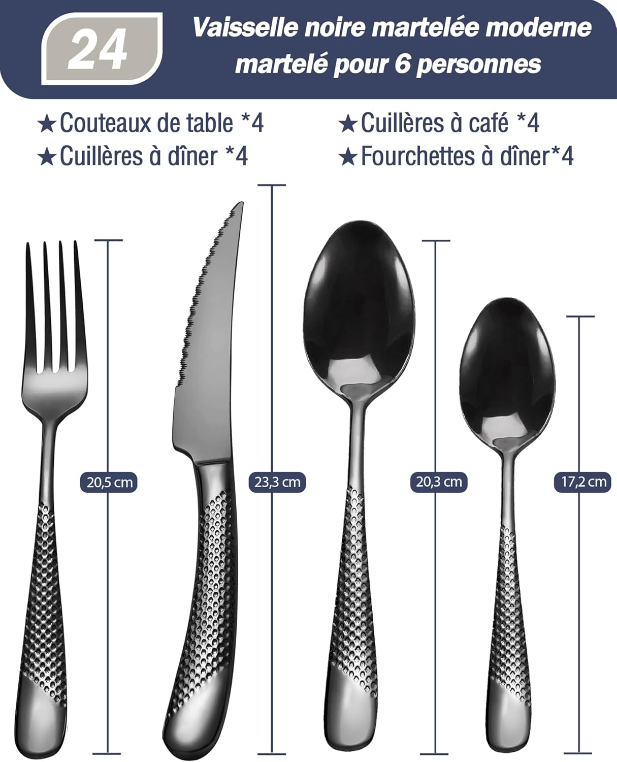 Ensemble de couverts modernes 24 pièces, Noir martelé Couteaux dentelés 2-en-1 ultra-tranchants, Service en acier inoxydable 18/10 Set pour 6 personnes, Couteaux, fourchettes, Cuillères Noir 24