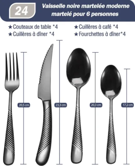 Ensemble de couverts modernes 24 pièces, Noir martelé Couteaux dentelés 2-en-1 ultra-tranchants, Service en acier inoxydable 18/10 Set pour 6 personnes, Couteaux, fourchettes, Cuillères Noir 24