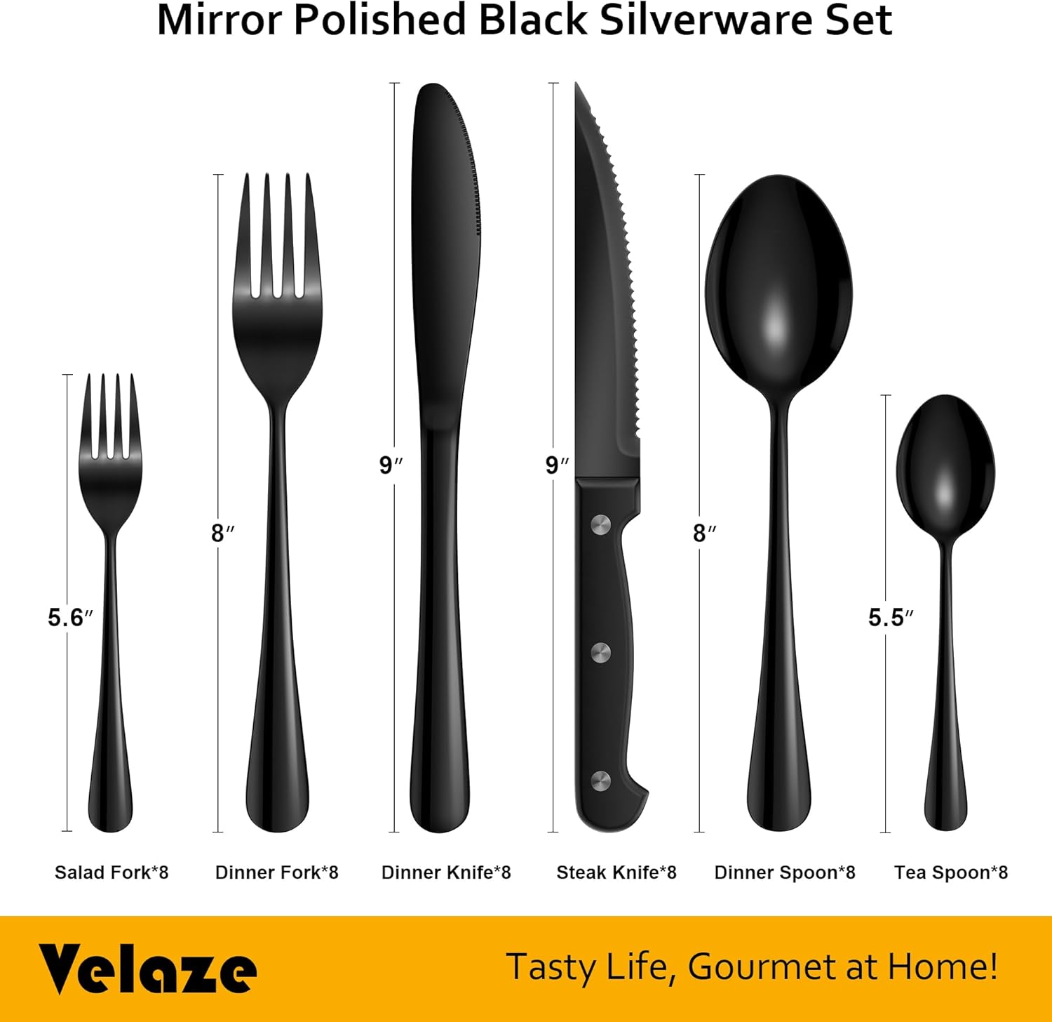 Couverts de Table, Service de Table 8 Personnes, 48 Pièces Set de Couverts Noir avec Couteau à Steak, Couverts en Acier Inoxydable pour la Maison Restaurant Fêtes, Lavable en Machine Noir 48 Pièces