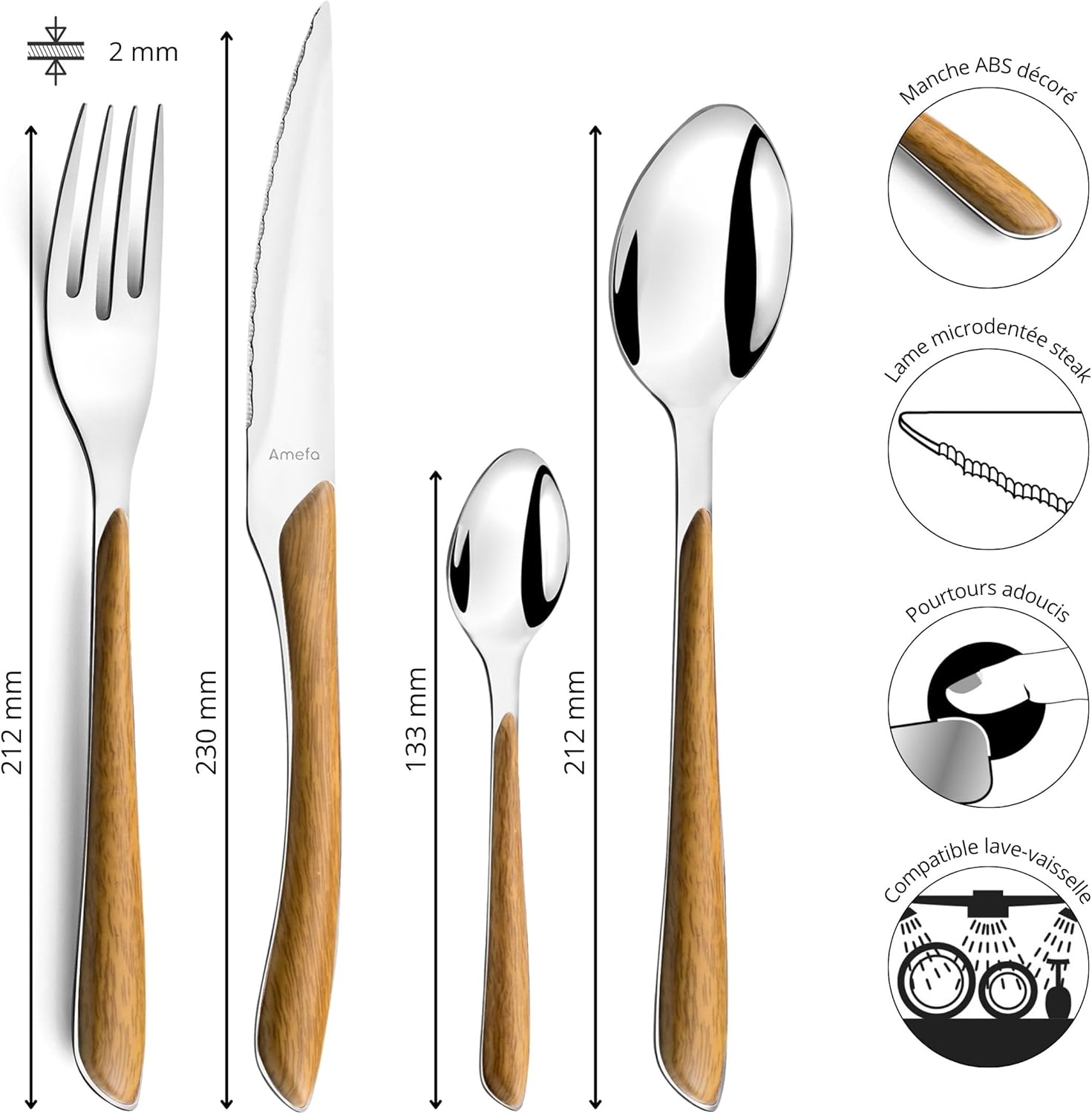 Ménagère 24 couverts de table pour 6 personnes - Eclat Nature - Acier inoxydable 18/0, Finition Brillante - Bois Clair Bois Clair 24 couverts