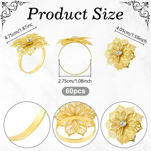 60 Rond de Serviette à Motif Floral Porte Serviettes Floral Ajouré Rond de Table Décoration de Table pour Fête Mariage Banquet Noël Réunions de Famille Bal de Fin D'Année