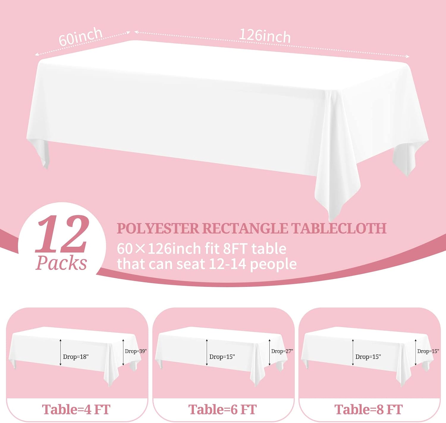 Lot de 12 nappes rectangulaires Blanches en Polyester pour Tables rectangulaires de 8 Pieds/2,4m - Lavables - pour Mariage, Banquet, événement, fête - 153 x 320 cm Blanc 12 Pack-60x126in(153x320cm)