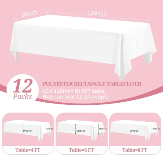 Lot de 12 nappes rectangulaires Blanches en Polyester pour Tables rectangulaires de 8 Pieds/2,4m - Lavables - pour Mariage, Banquet, événement, fête - 153 x 320 cm Blanc 12 Pack-60x126in(153x320cm)