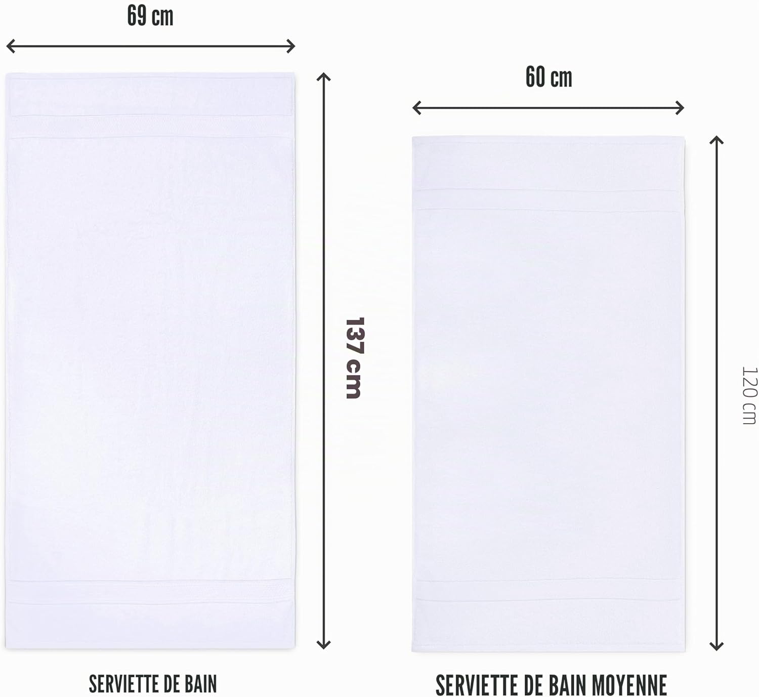 Lot de 6 Serviettes de Bain 100% Coton filé à l'anneau (60 x 120 cm), Moyennes, légères et très absorbantes, séchage Rapide, pour hôtel, Spa et Salle de Bains (Blanc) Lot de 6 Blanc