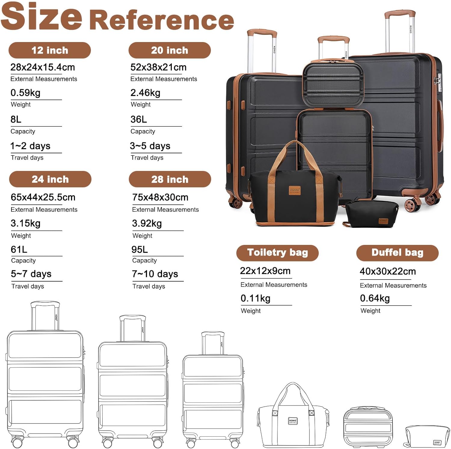 Set de 6 Valises de Voyage Rigide Ensemble de Valise (55/65/74cm) à 4 roulettes avec Portable Vanity Case et Pliable Sac de Voyage pour Sport avec Trousse de Maquillage, Noir/Marron Noir/Marron Set de 6 Valises