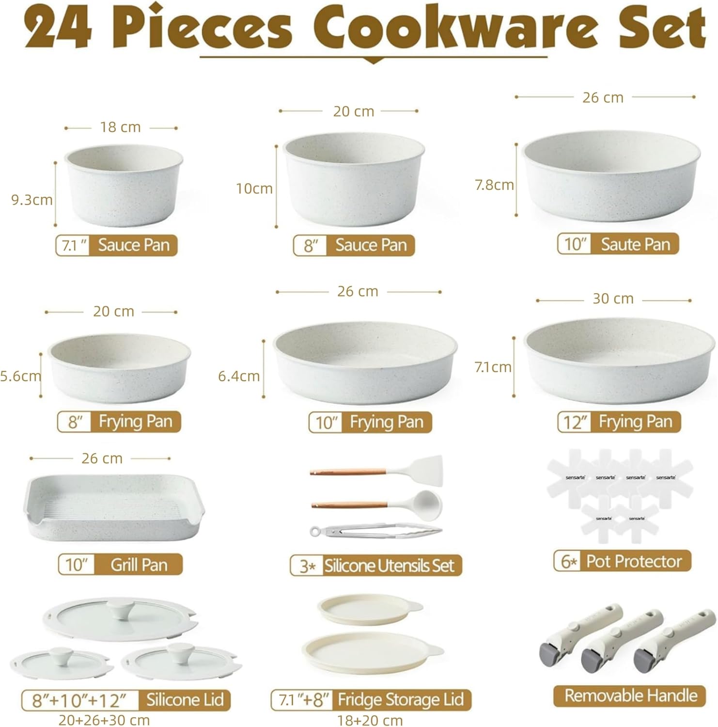 Set de Casseroles et Poêles 24 Pièces - Revêtement Granit Antiadhésif - Batterie de Cuisine pour Induction/Gaz, Poignées Amovibles, Empilable et Lavable Lave-Vaisselle Blanc 24 Pièces