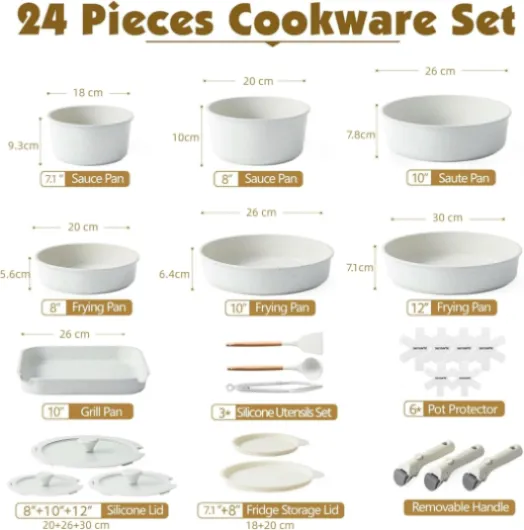Set de Casseroles et Poêles 24 Pièces - Revêtement Granit Antiadhésif - Batterie de Cuisine pour Induction/Gaz, Poignées Amovibles, Empilable et Lavable Lave-Vaisselle Blanc 24 Pièces
