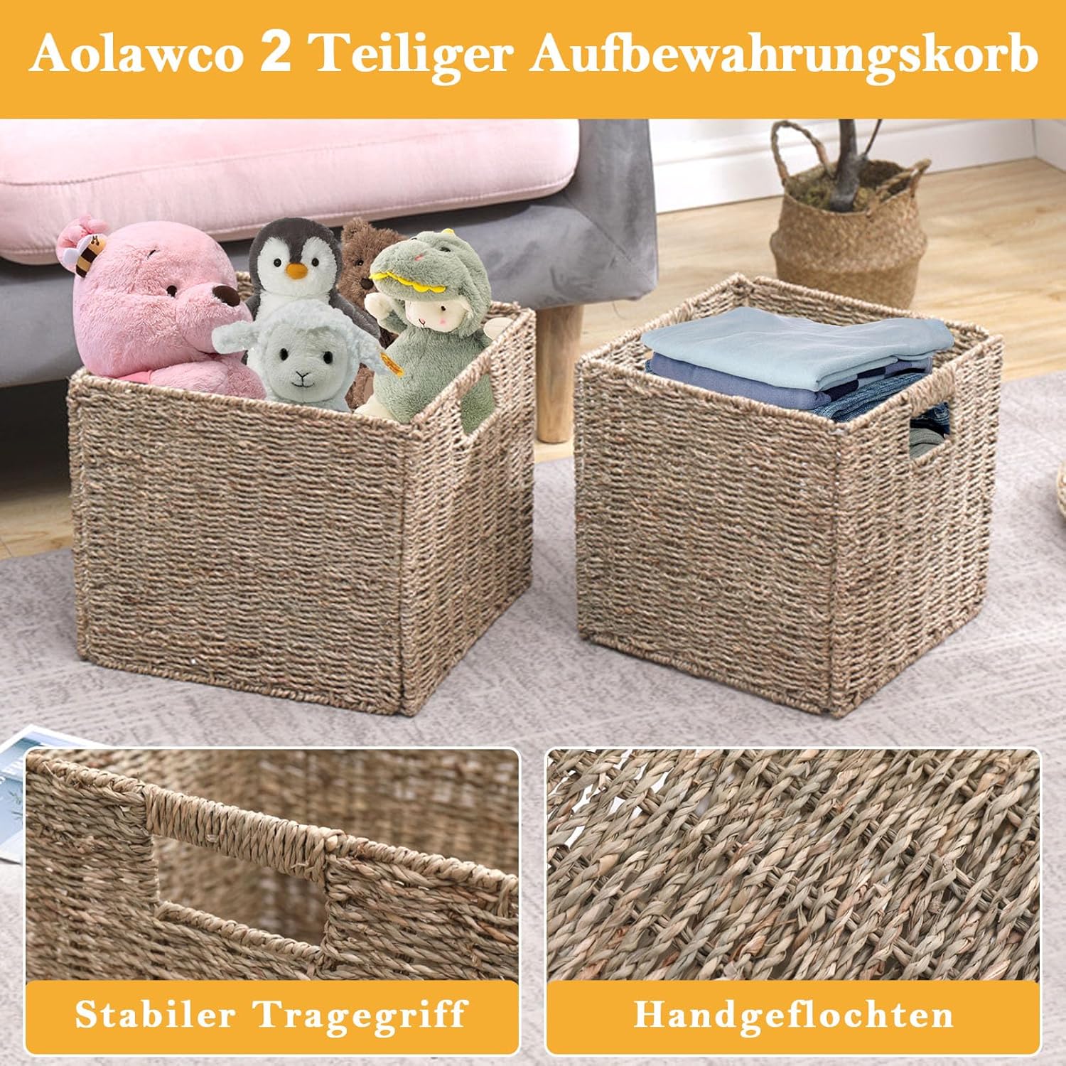 Kallax Lot de 4 paniers de rangement tressés pliables en osier pour le rangement - 28 x 28 x 28 cm - Panier de rangement stable avec poignées de transport pour étagères, garde-manger, salle de