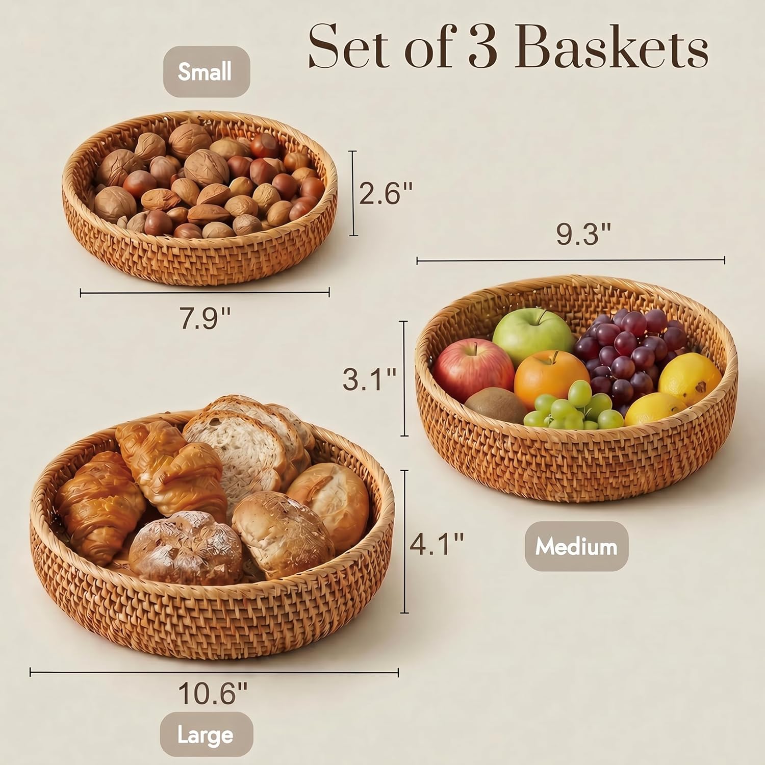 Panier de Rangement Rond en Rotin, Corbeille de Fruits en Osier, Organisateur Tressé Naturel pour Cuisine/Salle à Manger (Rond)