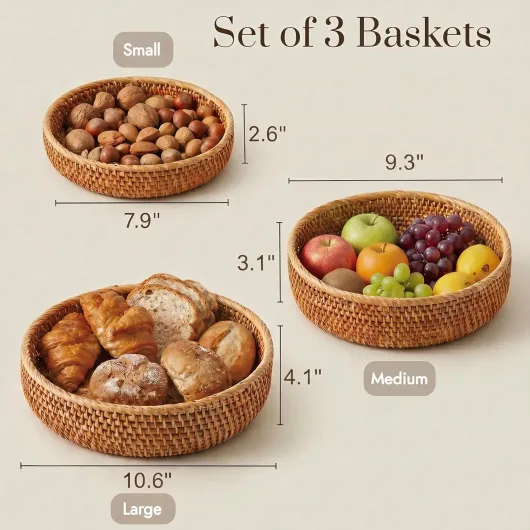 Panier de Rangement Rond en Rotin, Corbeille de Fruits en Osier, Organisateur Tressé Naturel pour Cuisine/Salle à Manger (Rond)