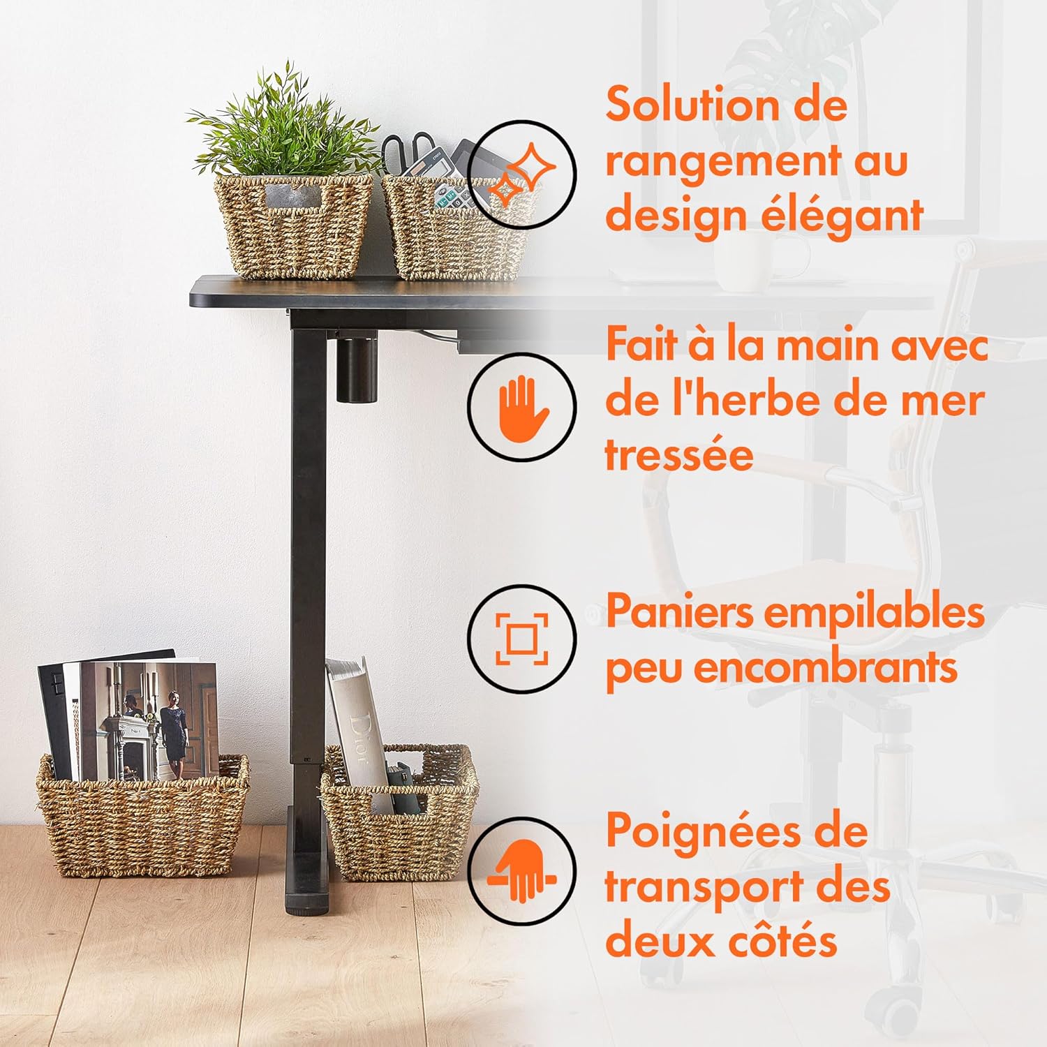 Lot de 4 Paniers de Rangement en Jonc de Mer Tressés à la Main – Paniers Tressés avec Poignée - Paniers Tressés de Rangement Emboîtables – Pour Salle de Bains, Chambre, Bureau, Étagères