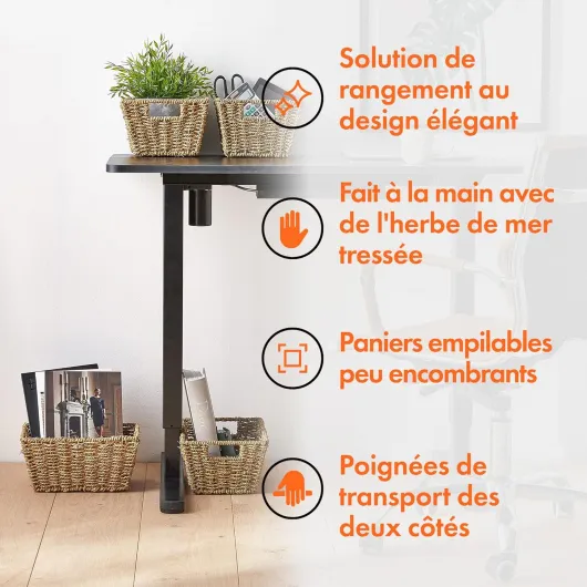 Lot de 4 Paniers de Rangement en Jonc de Mer Tressés à la Main – Paniers Tressés avec Poignée - Paniers Tressés de Rangement Emboîtables – Pour Salle de Bains, Chambre, Bureau, Étagères