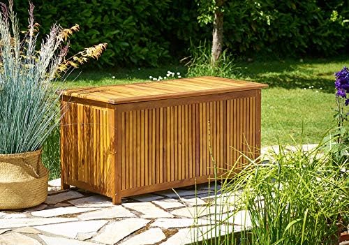 ® Coffre de Jardin 205 L en Bois d’Acacia – Rangement Extérieur avec Bâche Intérieure – Couvercle Renforcé, Charge 160 kg – Idéal pour Coussins Terrasse, Jardin ou Balcon
