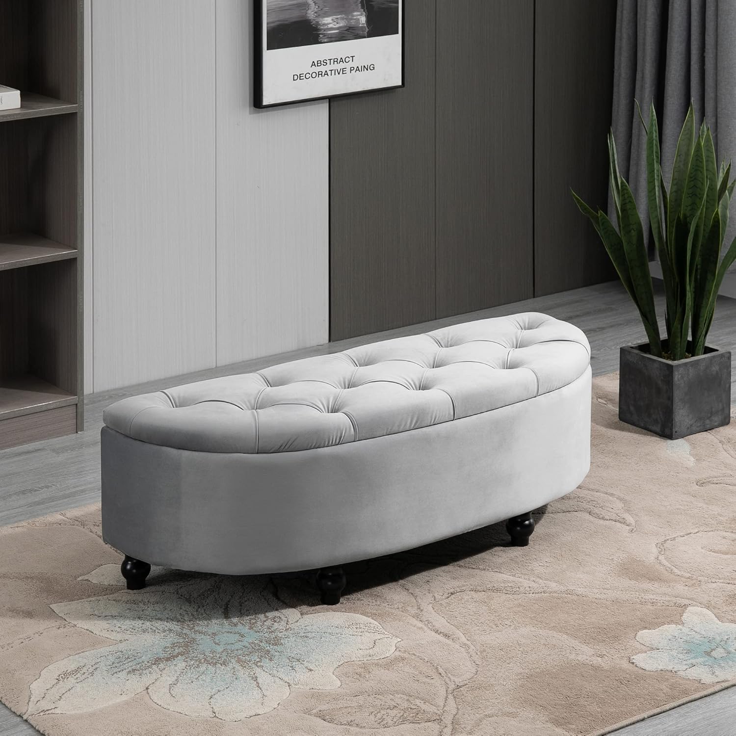 Banc de Rangement, Coffre de Rangement Design capitonné Demi-Cercle Bout de lit avec revêtement Velours, Pieds en Bois d'hévéa, pour Salon, Chambre, entrée, 120 x 46 x 42 cm, Gris