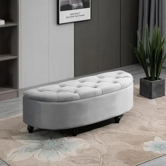 Banc de Rangement, Coffre de Rangement Design capitonné Demi-Cercle Bout de lit avec revêtement Velours, Pieds en Bois d'hévéa, pour Salon, Chambre, entrée, 120 x 46 x 42 cm, Gris
