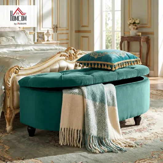 Banc de Rangement, Coffre de Rangement Design capitonné Demi-Cercle Bout de lit avec revêtement Velours, Pieds en Bois d'hévéa, pour Salon, Chambre, entrée, 120 x 46 x 42 cm, Vert