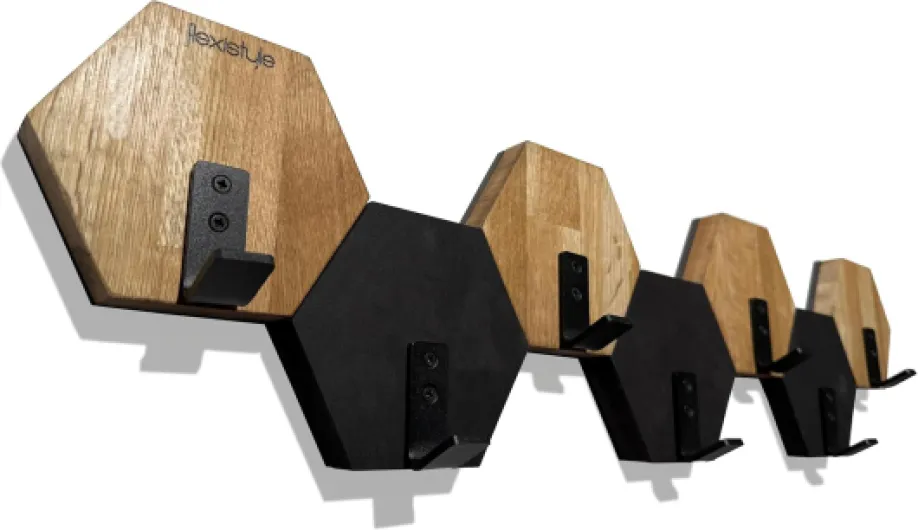 Patère murale hexagonale, en bois de chêne noir, design moderne, pour chambre d'adolescent, salle de bain, naturel (noir/chêne, 77) 77 Noir/Chêne