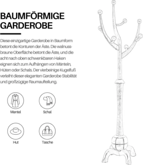 Bekrvio Porte-manteaux en bois massif avec 8 crochets, design arbre, base sphérique solide, 75 kg de charge, couloir, entrée, chambre noir et rouge