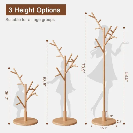 AQIMUELE Portemanteau, Portant à Vêtements en Bois, Support sur Pieds avec 12 Crochets, pour Manteaux, Chapeaux, Sacs, pour Entrée, Couloir, Bois d'Hévéa, Design Arbre, Naturel
