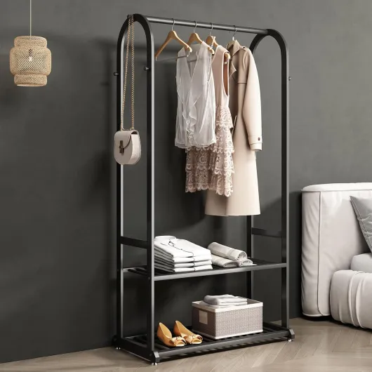 Portant Vêtements sur Pied Métal Noir, Porte-Vêtements Robuste Haut de Gamme avec 2 Étagères et 6 Crochets, Design Arqué Élégant, Grande Hauteur pour Robes et Manteaux Longs, Base Stable avec Patins R