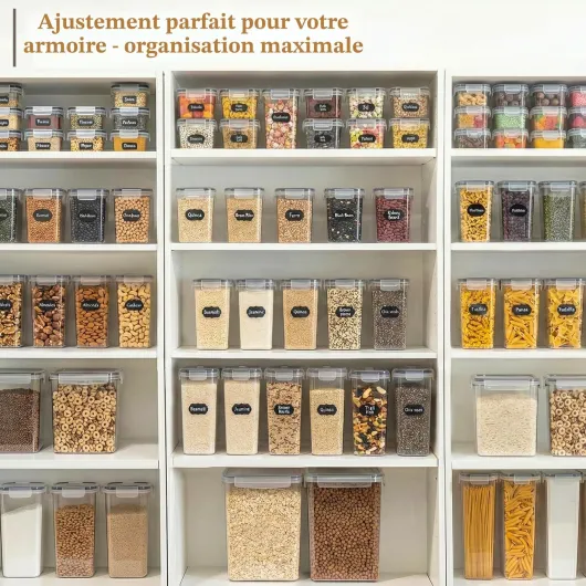 Lot de 24 bocaux hermétiques avec couvercles : bocaux de conservation avec étiquettes - Boîtes de rangement pour céréales, farine, corn flakes et sucre - Sans BPA - Compatible lave-vaisselle 24 Pièces